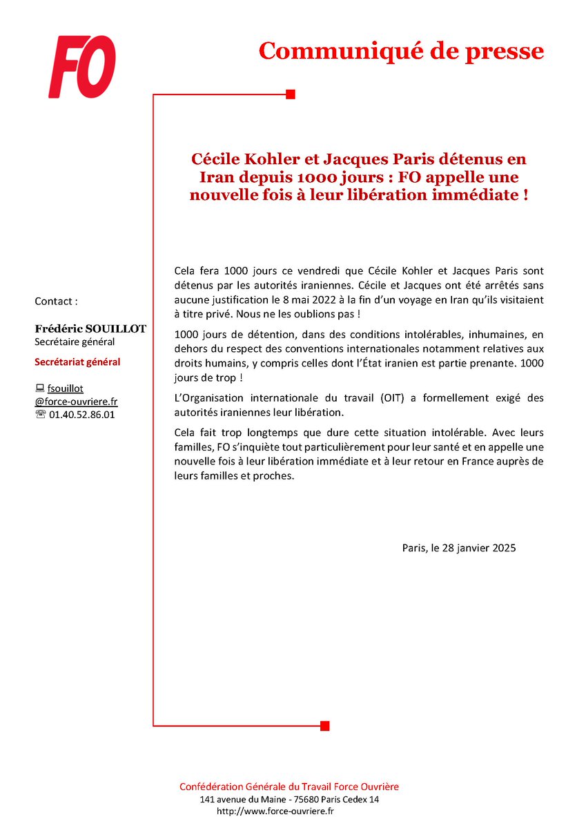force_ouvriere's tweet photo. [#Communiqué FO]

Cécile Kohler et Jacques Paris détenus en Iran depuis 1 000 jours : FO appelle une nouvelle fois à leur libération immédiate !

Ils ont été arrêtés sans aucune justification le 8 mai 2022. Nous ne les oublions pas ! 
>>https://t.co/QuXWU78VXd https://t.co/V1ZKA3pzra