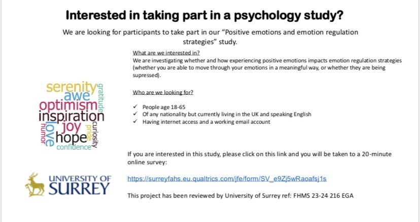 Opportunity to take part in a 20 minute survey on positive emotions and emotion regulation strategie. Please reshare!