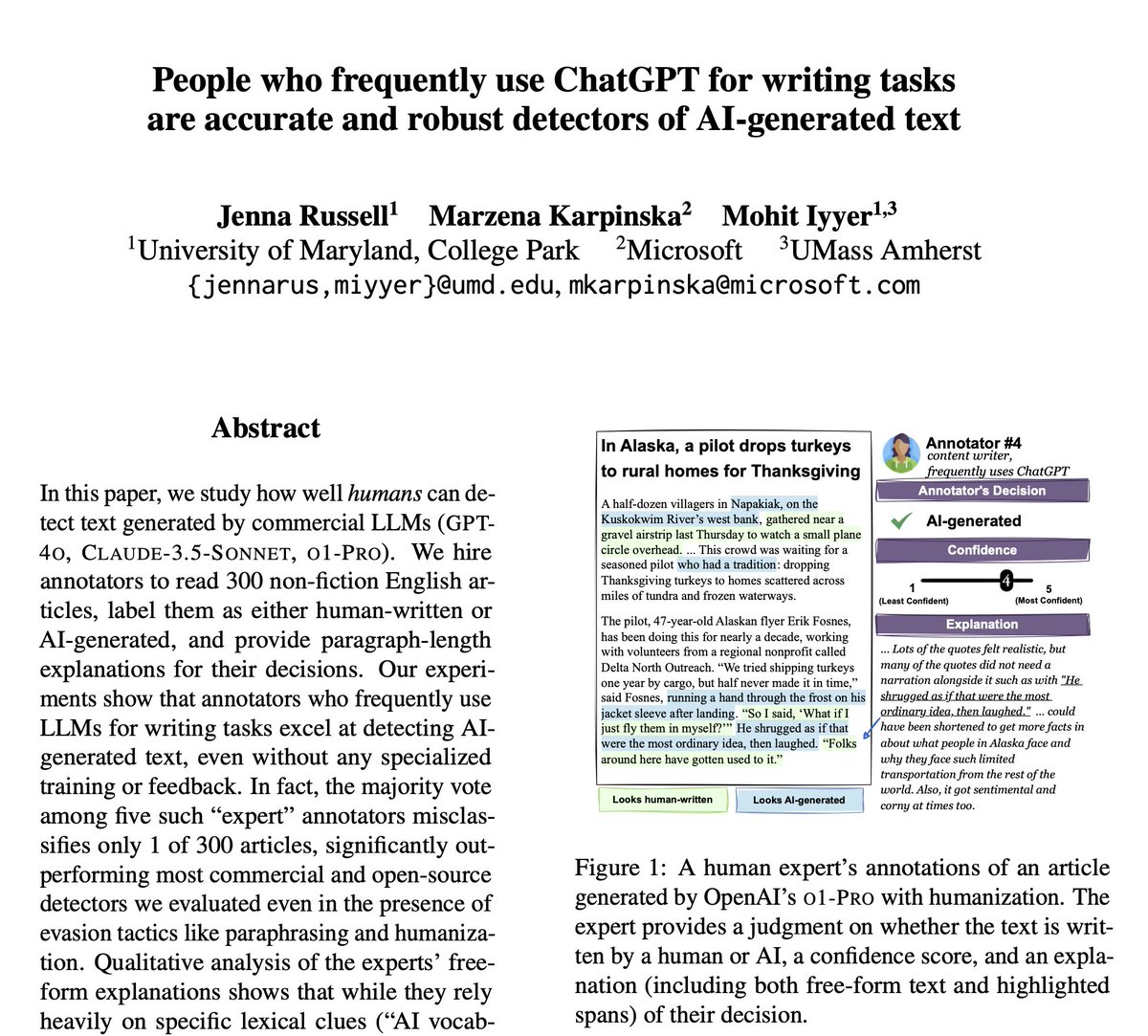 People often claim they know when ChatGPT wrote something, but are they as accurate as they think?

Turns out that while general population is unreliable, those who frequently use ChatGPT for writing tasks can spot even "humanized" AI-generated text with near-perfect accuracy 🎯