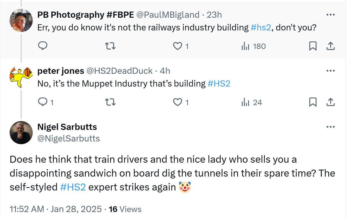 PaulMBigland's tweet image. I don't often post here now but this epic stupidity from Sarbutts, a #5thratePR who doesn't know the difference between civil engineers and railway operators (one builds things, the other runs things after they're built) did make me laugh! #hs2 #stophs2isdead