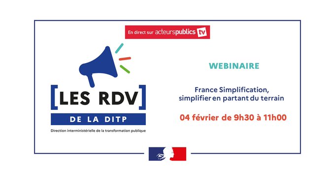 _DITP's tweet photo. 📣#Webinaire | Pour tout savoir sur le dispositif #FranceSimplification. 
🎯 Objectif de ce dispositif : simplifier en partant du terrain.
📅 le 4 février à 9h30.
Inscrivez-vous ! 👉 https://t.co/0rHdlsSvPo https://t.co/VWOWWqbQVK