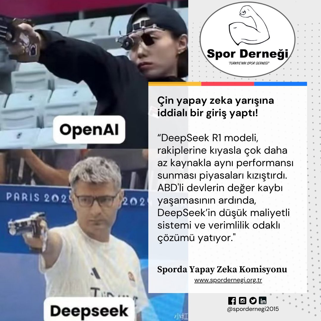 🔝Yapay Zeka Yarışındaki Rekabet Kızışıyor
Çin merkezli bir yapay zeka girişimi olan DeepSeek, yapay zeka yarışına iddialı bir giriş yaptı!

Esra Küçükyalçın
Sporda Yapay Zeka Komisyonu Üyesi
#DeepSeek #YapayZeka #AIRevolution #Teknoloji #Yenilik #inovasyon #Sürdürülebilirlik