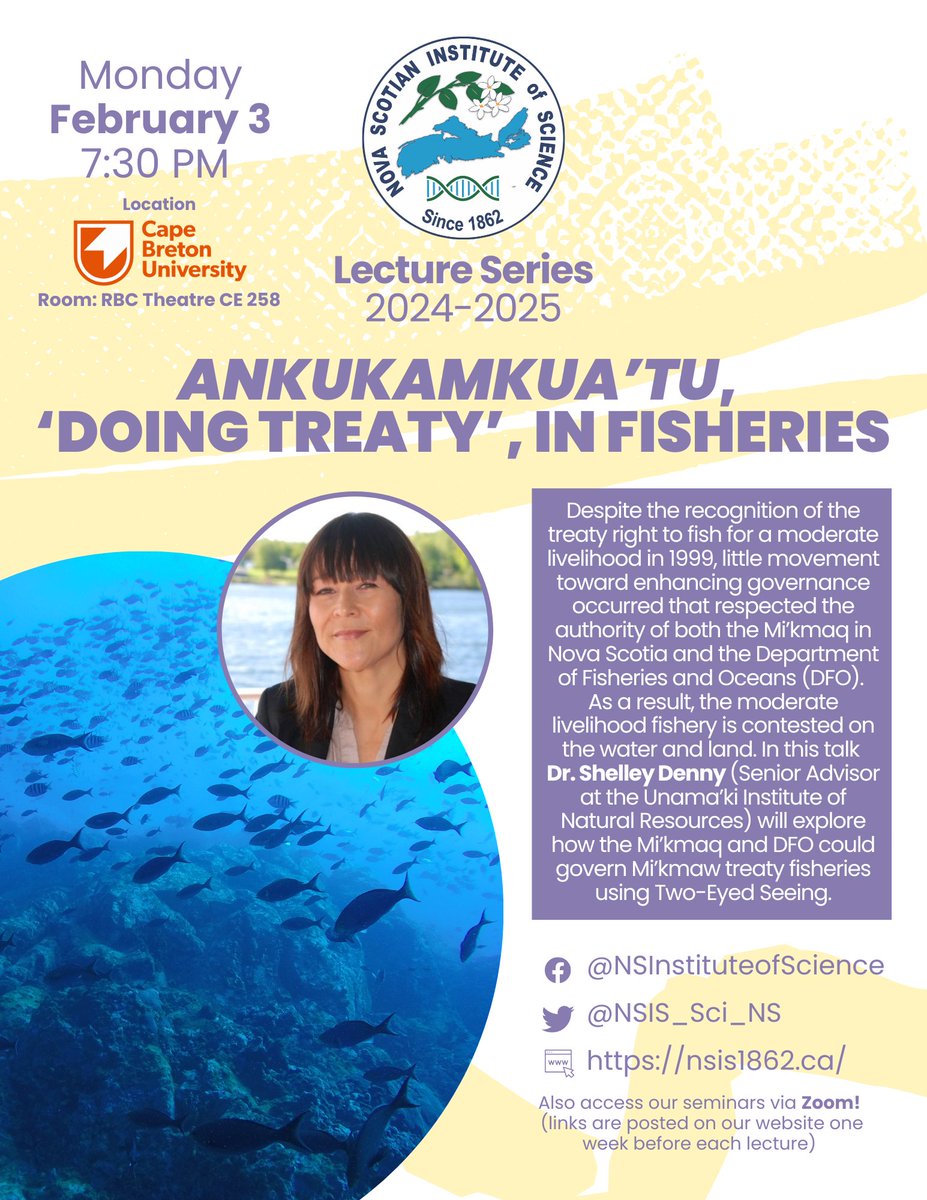 Nova Scotian Institute of Science - NSIS (@nsis_sci_ns) on Twitter photo Join us this coming Monday Feb 3 for our next free public lecture! Taking place online and in-person at Cape Breton University. 🌊🐟 <a href="/cbuniversity/">CBU</a>, <a href="/cburesearch/">CBU Research</a>, <a href="/DiscoveryCntr/">Discovery Centre</a> , <a href="/NS_Museum/">Nova Scotia Museum</a>
More info: nsis1862.ca/public-lecture… Join us this coming Monday Feb 3 for our next free public lecture! Taking place online and in-person at Cape Breton University. 🌊🐟 <a href="/cbuniversity/">CBU</a>, <a href="/cburesearch/">CBU Research</a>, <a href="/DiscoveryCntr/">Discovery Centre</a> , <a href="/NS_Museum/">Nova Scotia Museum</a>
More info: nsis1862.ca/public-lecture…