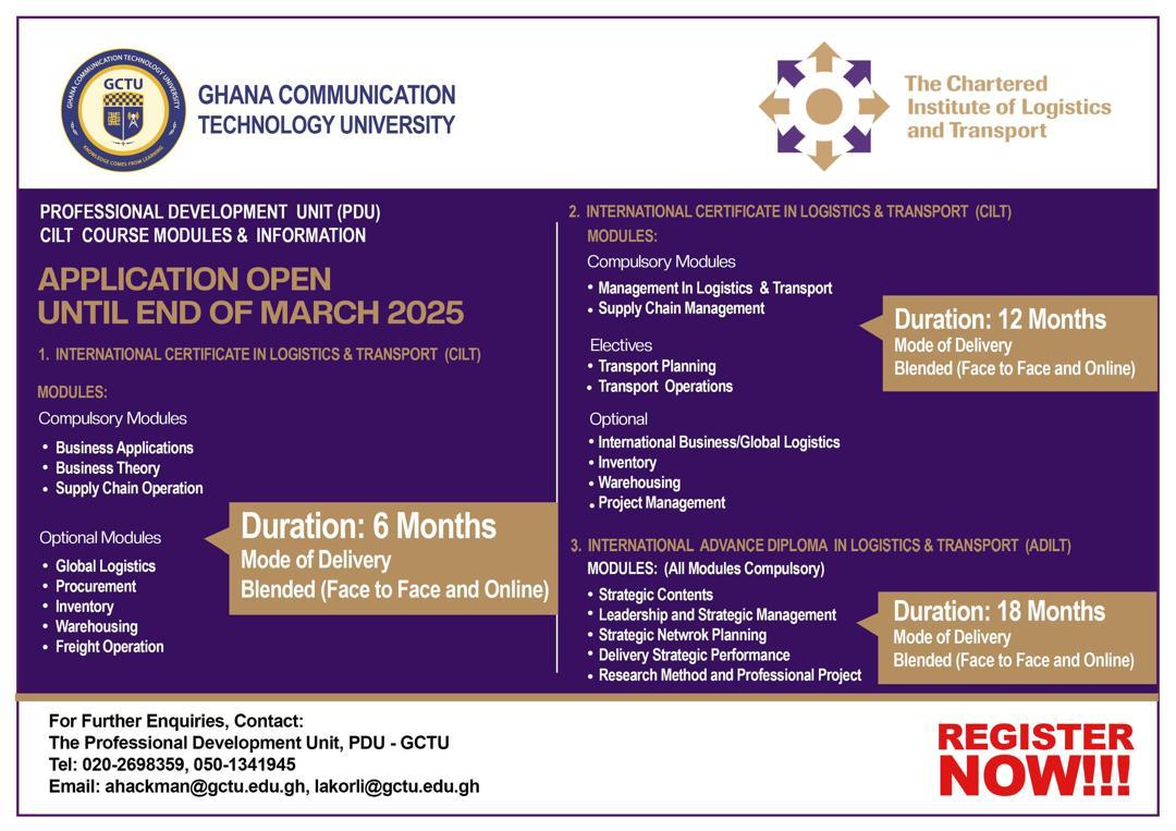 gctuonline's tweet photo. Don't miss out on this exciting opportunity! 
Apply now and take the first step towards advancing your career!
- 
For further enquiries, contact the Professional Development Unit via email ahackman@gctu.edu.gh, lakorli@gctu.edu.gh or via phone 0202698359 or 0501431945
#Gctu #PDU https://t.co/PRTkhK32Pf