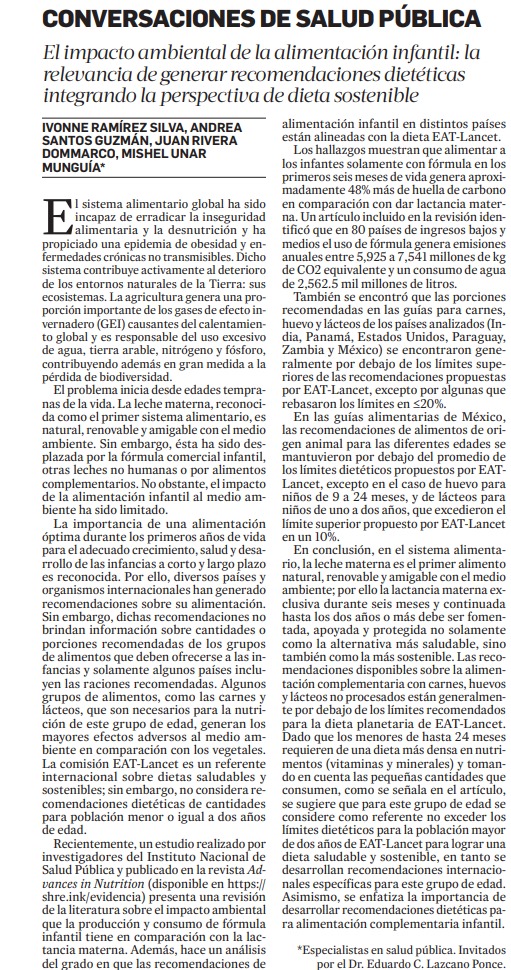 Comparto esta colaboración sobre el impacto ambiental de la alimentación infantil y la relevancia de generar recomendaciones dietéticas integrando la perspectiva de dieta sostenible, a cargo de investigadoras/es del <a href="/inspmx/">INSP México</a> 

lajornadamorelos.mx/opinion/conver…
