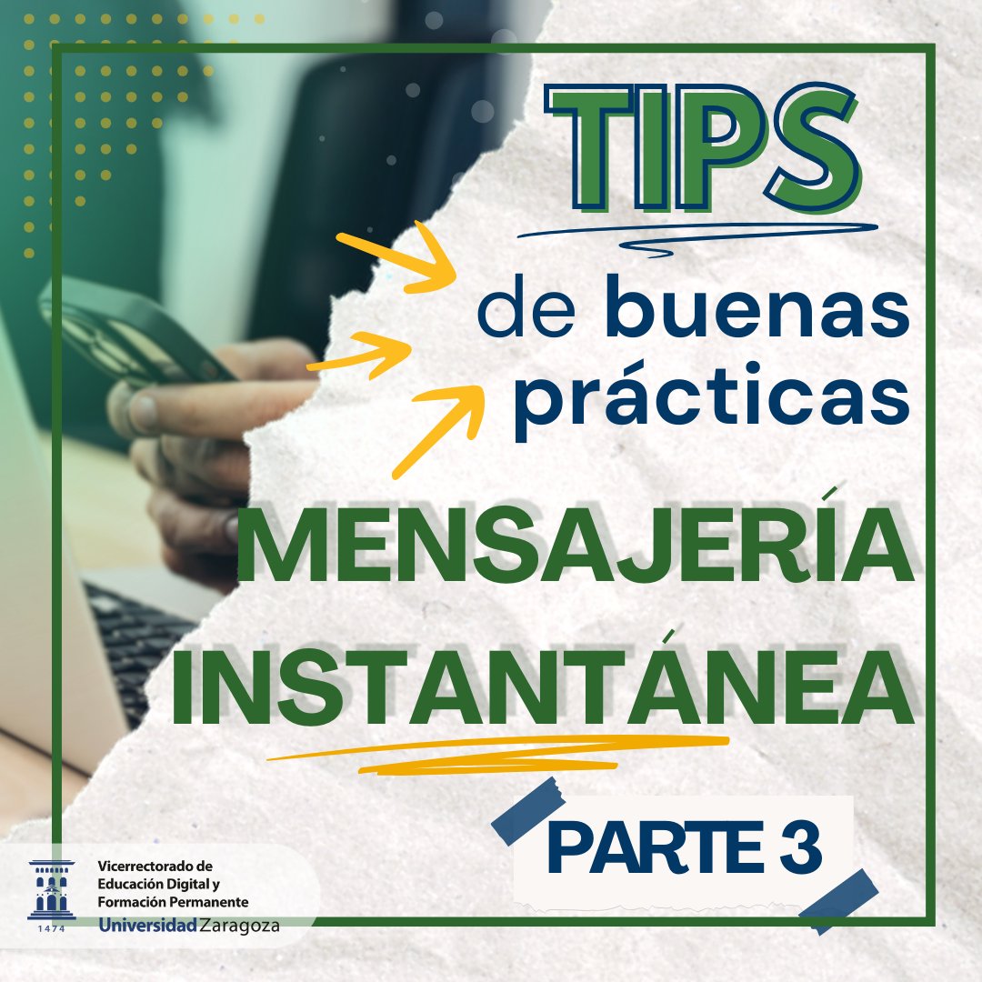 ➡️ Tips para un uso responsable de las aplicaciones de mensajería instantánea. (Parte 2)

#unizareduca #unizaresdigital #unizarteforma #ecologiadigital
<a href="/unizar/">Universidad Zaragoza</a>
<a href="/OficinaVerdeUZ/">Oficina Verde UNIZAR</a>