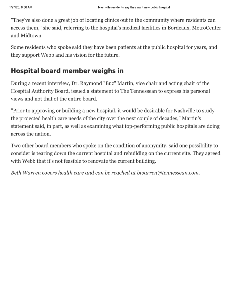 Nashville’s need for a new public hospital is clear, and the community’s support is stronger than ever. Expanding access to quality healthcare isn’t just a goal—it’s a necessity. Grateful for those advocating for a healthier future. Let’s keep pushing forward. #HealthcareForAll