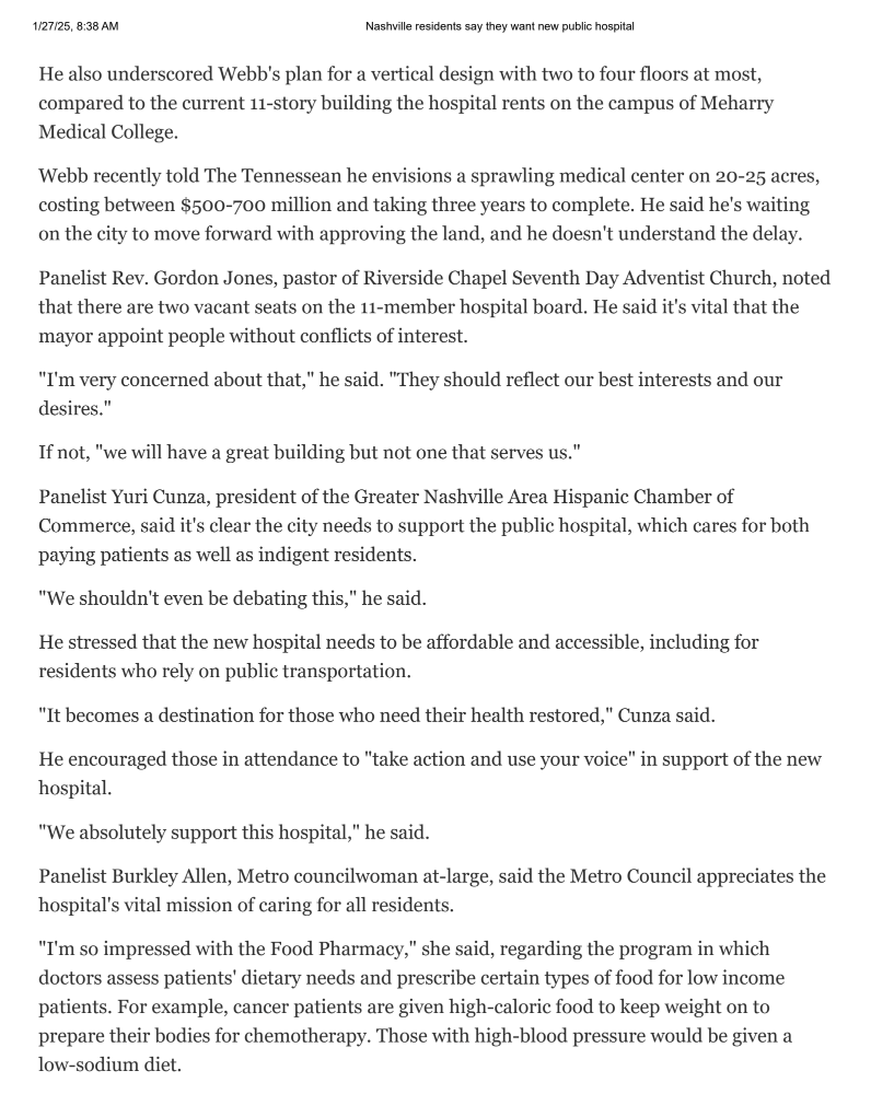 DrJosephWebbCEO's tweet photo. Nashville’s need for a new public hospital is clear, and the community’s support is stronger than ever. Expanding access to quality healthcare isn’t just a goal—it’s a necessity. Grateful for those advocating for a healthier future. Let’s keep pushing forward. #HealthcareForAll https://t.co/Z6Jc3OMSxj