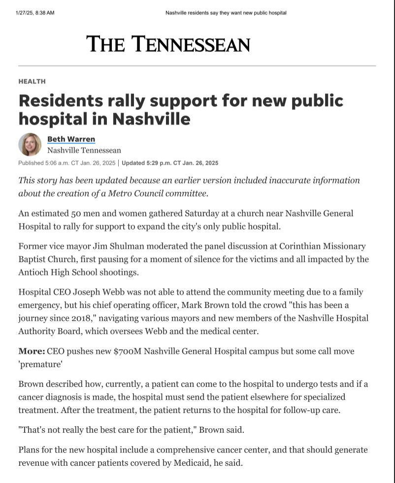 DrJosephWebbCEO's tweet photo. Nashville’s need for a new public hospital is clear, and the community’s support is stronger than ever. Expanding access to quality healthcare isn’t just a goal—it’s a necessity. Grateful for those advocating for a healthier future. Let’s keep pushing forward. #HealthcareForAll https://t.co/Z6Jc3OMSxj