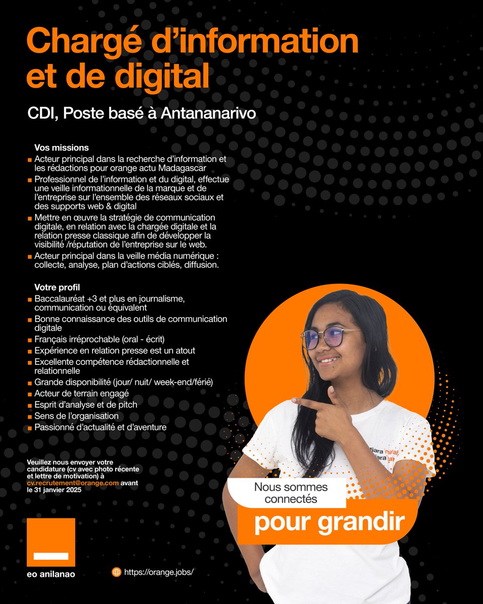 rianasoa's tweet photo. Hello X !  Je vous partage ces deux offres d'emploi. @orangeactu  recrute un.e Chargé.e de production audiovisuelle et un.e chargé.e d'information et de digital. Si vous pensez maitriser le sujet, si vous êtes passionné, si vous avez envie de grandir dans une belle entreprise, manifestez-vous. On en parle. Le seul seul point négatif de cette offre, c'est que vous devrez me supporter au quotidien ☺️