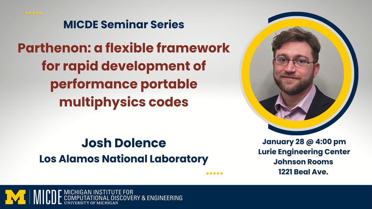 Join us TODAY @ 4 PM in the Lurie Johnson Rooms for a MICDE seminar presenting Josh Dolence from Los Alamos National Lab, who speaks on portable and extreme-scale multi-physics solvers. For more information, visit our website: micde.umich.edu/event/joshua-d…