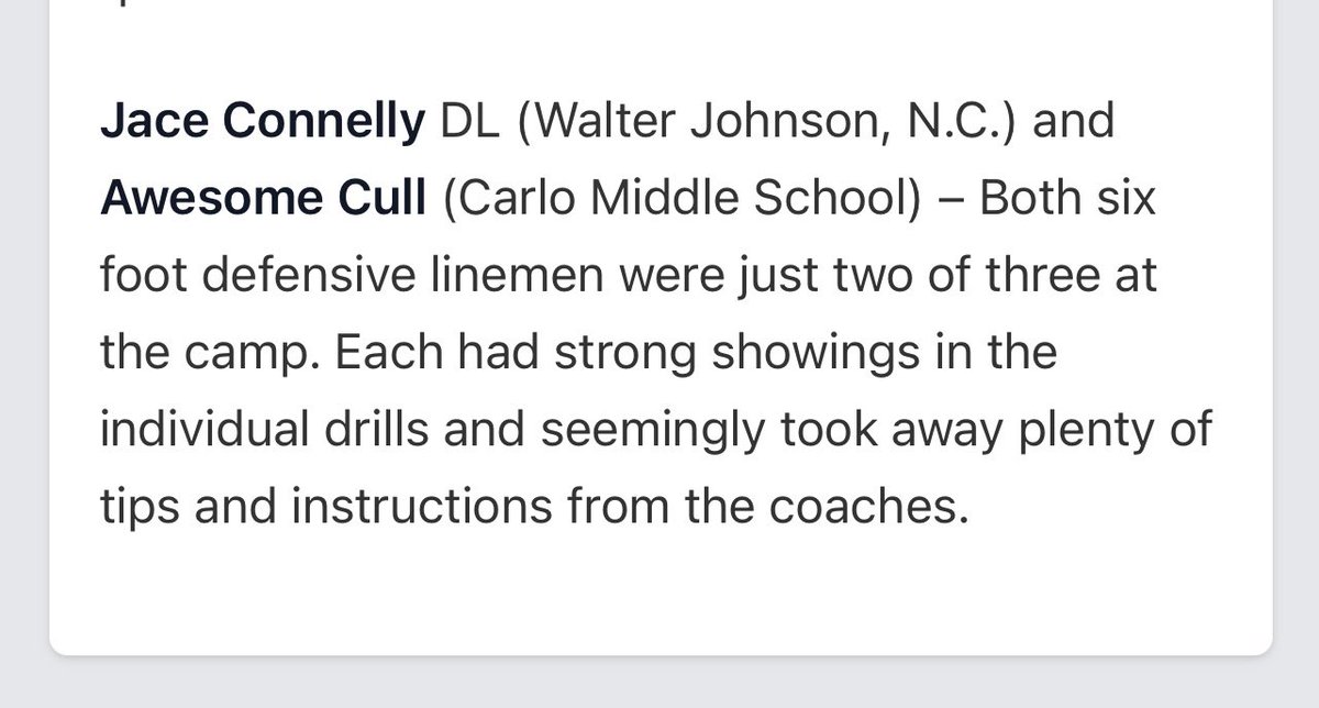 Jace Connelly (@jaceconnelly6) on Twitter photo Thank you to <a href="/junebugnewyork/">Thomas Grant Jr.</a> for the write up ๐๐พ . I had a great time at the East Middle School Camp . Very appreciative of all the coaches who I was able to learn from . <a href="/PrepRedzoneNext/">Prep Redzone ๐๐๐๐ ๐</a> <a href="/PrepRedzoneSC/">Prep Redzone South Carolina</a> #dlineman #classof2030 #bigjace Thank you to <a href="/junebugnewyork/">Thomas Grant Jr.</a> for the write up ๐๐พ . I had a great time at the East Middle School Camp . Very appreciative of all the coaches who I was able to learn from . <a href="/PrepRedzoneNext/">Prep Redzone ๐๐๐๐ ๐</a> <a href="/PrepRedzoneSC/">Prep Redzone South Carolina</a> #dlineman #classof2030 #bigjace