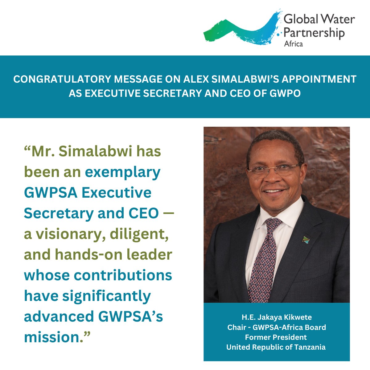 GWPSAF's tweet photo. H.E. @jmkikwete Kikwete, Board Chair of the GWPSA-Africa and former President of the United Republic of #Tanzania, welcomed Alex @simalabwi appointment, praising his leadership qualities as GWP embarks on its new transformation journey. https://t.co/EzykLgaZJw