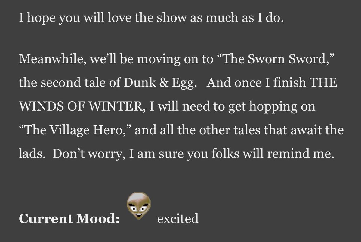 redoorlemontree's tweet photo. new GRRM vlog post sounds positive https://t.co/1hZ5HFeVpQ
