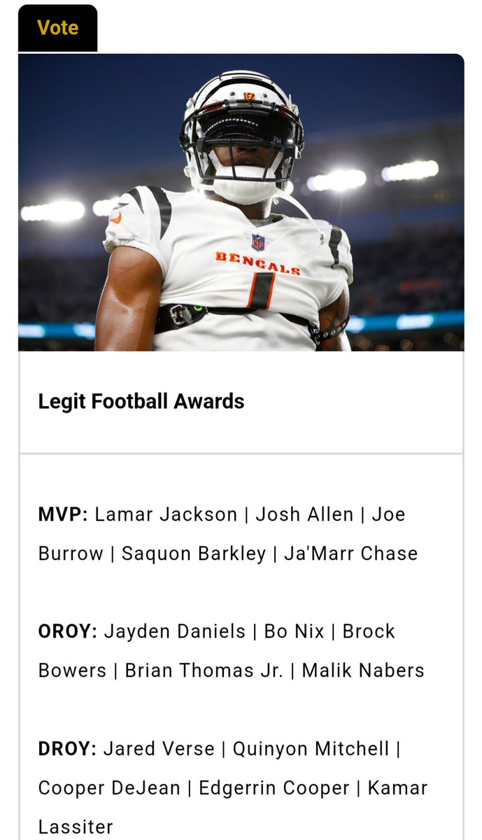 _legitfootball's tweet photo. 🚨 Introducing the first annual Legit Football Awards🚨

Want to have your own say on who wins the NFL Awards? Here's your chance! Click below to vote. Voting ends on Thursday at 8pm EST. Results revealed in Friday's edition of Legit Football.
👇
https://t.co/0hYg8iSgAa