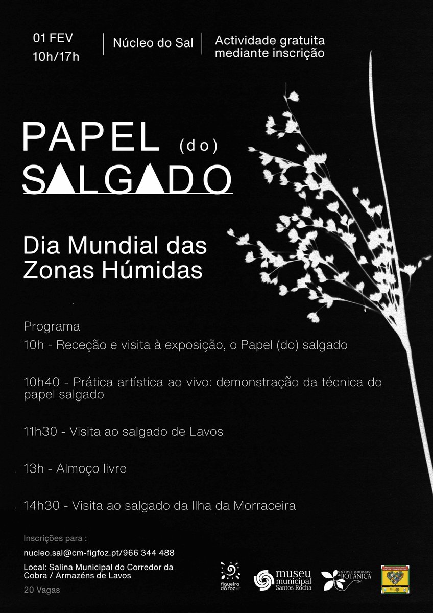 SPBotânica - LVF (@spbotanical) on Twitter photo 📷Já este Sábado!
No âmbito do #DiaMundialdasZonasHúmidas , o Núcleo Museológico do Sal da #figueiradafozportugal vai realizar uma actividade de dinamização da #Exposição "Papel (Do) Salgado".
Inscrições:
nucleo.sal@cm-figfoz.pt / 966 344 488
Programa e Local nas imagens ⬇️ 📷Já este Sábado!
No âmbito do #DiaMundialdasZonasHúmidas , o Núcleo Museológico do Sal da #figueiradafozportugal vai realizar uma actividade de dinamização da #Exposição "Papel (Do) Salgado".
Inscrições:
nucleo.sal@cm-figfoz.pt / 966 344 488
Programa e Local nas imagens ⬇️