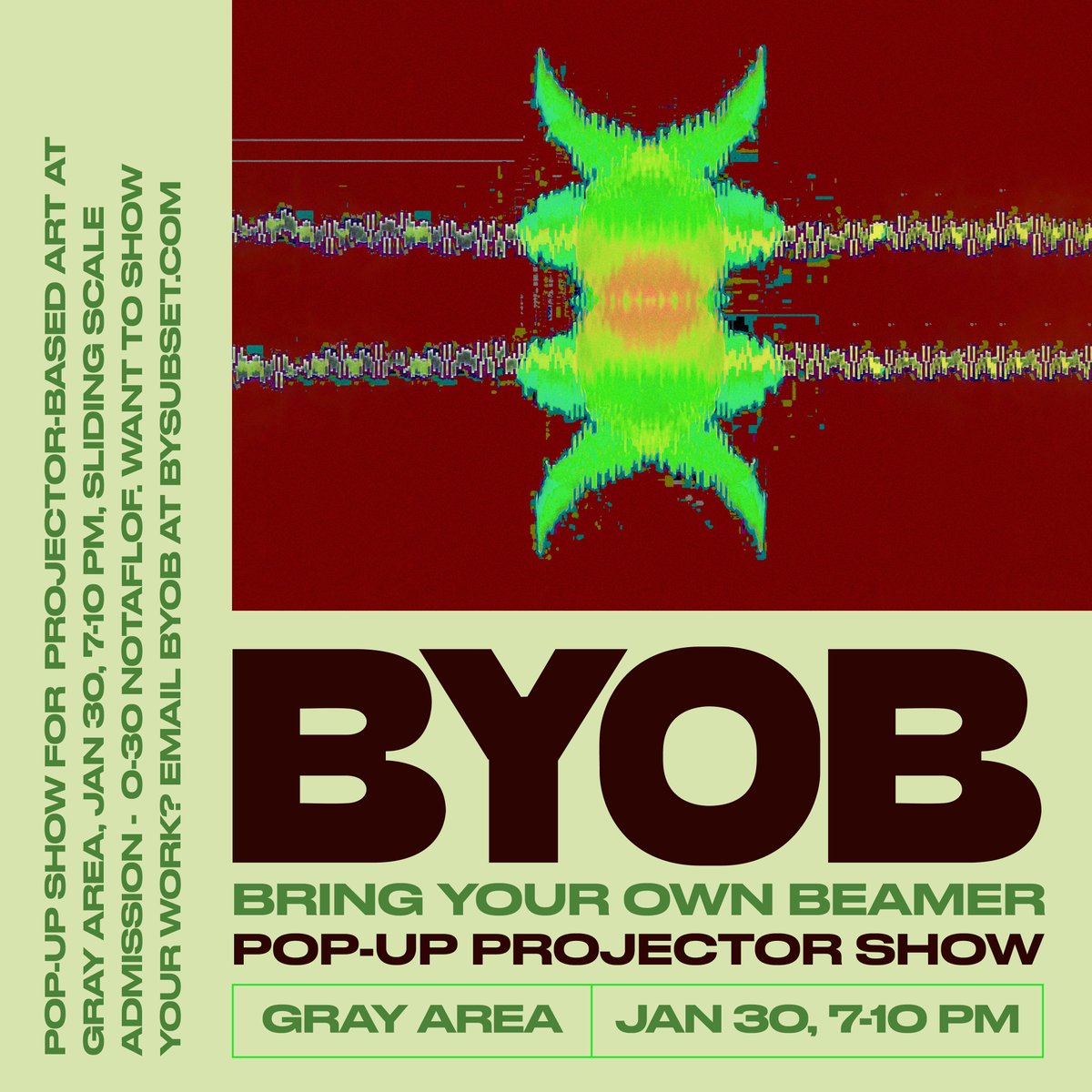 Join us on January 30 for Bring Your Own Beamer, a one-night pop-up show for projector-based art!

Dreamed up by net-art visionary Rafaël Rozendaal, BYOB is a playground for artists to showcase their work and present a captivating range of artworks that span video art, generative