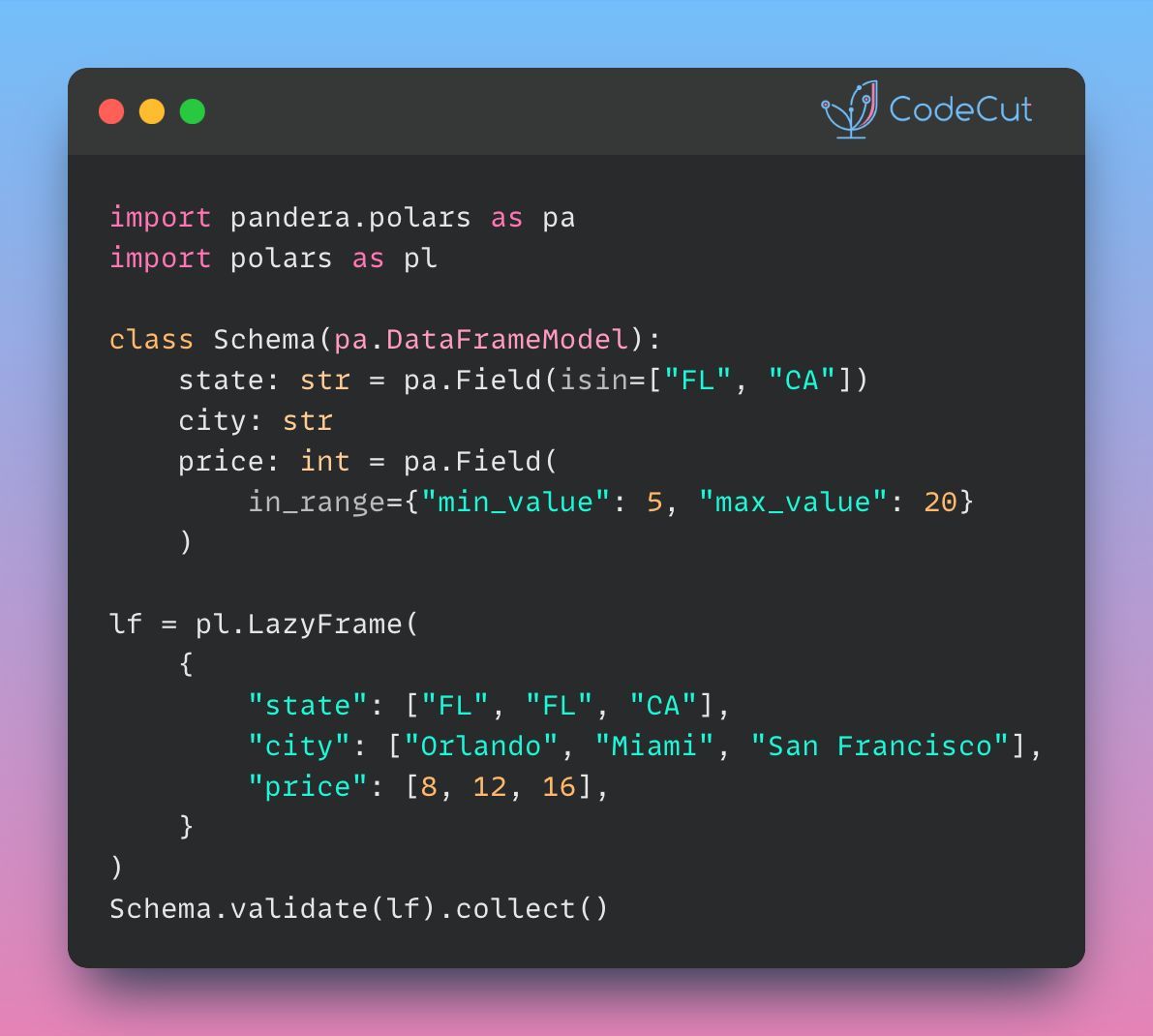 KhuyenTran16's tweet image. Pandera, a #Python library, simplifies validation of #pandas DataFrames. Now, it also supports #Polars, a fast and lightweight DataFrame library. 

With Pandera, you can ensure your Polars DataFrames have the correct structure and meet specific constraints.