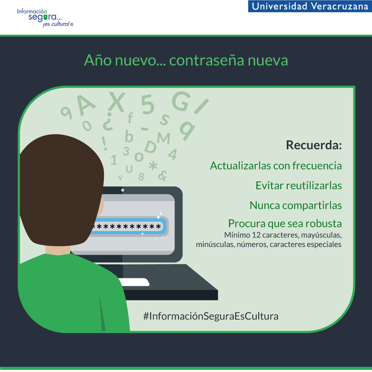 Protege tus datos con #ContraseñasSeguras, únicas y complejas. 

🔒¡Tu seguridad digital es lo primero! 

#InformaciónSeguraEsCultura: ow.ly/epAr50U6E6C
#ProtegeTuUniversidad
