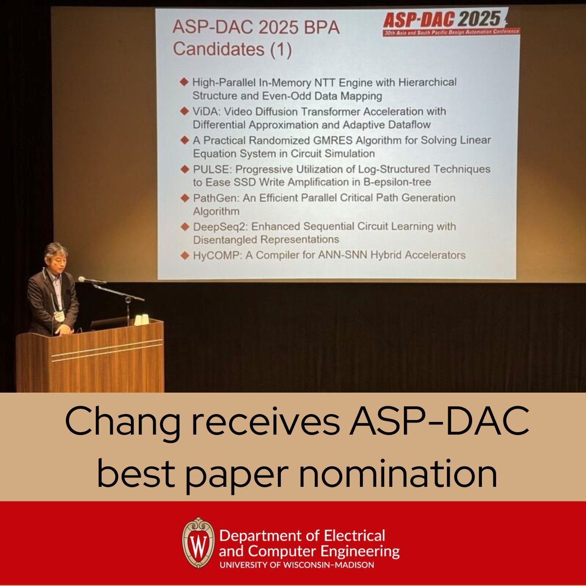 Congratulations to ECE PhD student Che Chang, whose paper, 'PathGen: An Efficient Parallel Critical Path Generation Algorithm', was nominated for a Best Paper Award at the Asia and South Pacific Design Automation Conference. 
Chang is a student of ECE Asst. Prof. Tsung-Wei Huang.