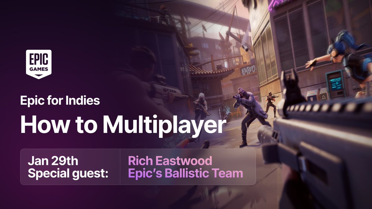 If you're considering multiplayer for your indie game, then tomorrow's Epic For Indies Q&amp;A session with Rich Eastwood at 3PM EST is one you wont want to miss 🕹️

With 25 years worth of experience across titles like Fortnite, Doom Eternal, Battlefield and more - Rich is now