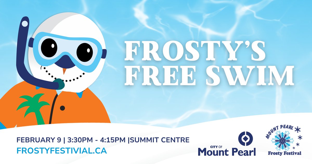 🏊‍♂️ Ready to dive into some FREE fun?

Join us for Free Swim at the Mount pearl Summit Centre!

Whether you're a swimming pro or just love to splash around, this one's for you! 💦 All ages welcome!

#FrostyFestival #MountPearl