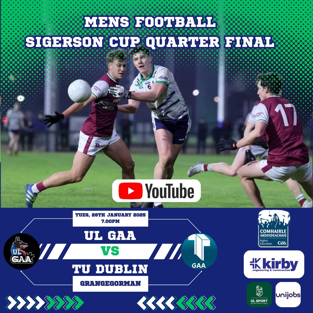 UL GAA Club (@ul_gaa) on Twitter photo All the best to our Senior Footballers who are in <a href="/HigherEdGAA/">GAA Higher Education</a> Sigerson Cup Quarter Final action in the capital this evening.
The game will be streamed live on YouTube ⬇️
youtube.com/live/f4dlG5FAq…
#ULGAA #BelongToThePack 🐺 All the best to our Senior Footballers who are in <a href="/HigherEdGAA/">GAA Higher Education</a> Sigerson Cup Quarter Final action in the capital this evening.
The game will be streamed live on YouTube ⬇️
youtube.com/live/f4dlG5FAq…
#ULGAA #BelongToThePack 🐺
