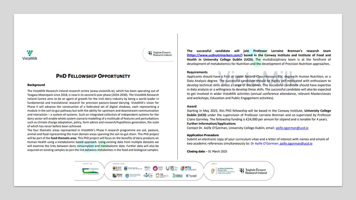Metabo Markers (@metabomarkers) on Twitter photo 📢PhD opportunity to join Prof. Lorraine Brennan's research group as part of the #VistaMilk food thematic area. All details below, closing date 01st March <a href="/ucdagfood/">UCD School Ag & Food</a> <a href="/UCDFoodHealth/">UCDFood&Health</a> <a href="/UCD_Conway/">UCD Conway Institute</a> <a href="/UCD_Research/">UCD Research</a> <a href="/UCD_CHAS/">UCD College of Health & Agricultural Science</a> 📢PhD opportunity to join Prof. Lorraine Brennan's research group as part of the #VistaMilk food thematic area. All details below, closing date 01st March <a href="/ucdagfood/">UCD School Ag & Food</a> <a href="/UCDFoodHealth/">UCDFood&Health</a> <a href="/UCD_Conway/">UCD Conway Institute</a> <a href="/UCD_Research/">UCD Research</a> <a href="/UCD_CHAS/">UCD College of Health & Agricultural Science</a>
