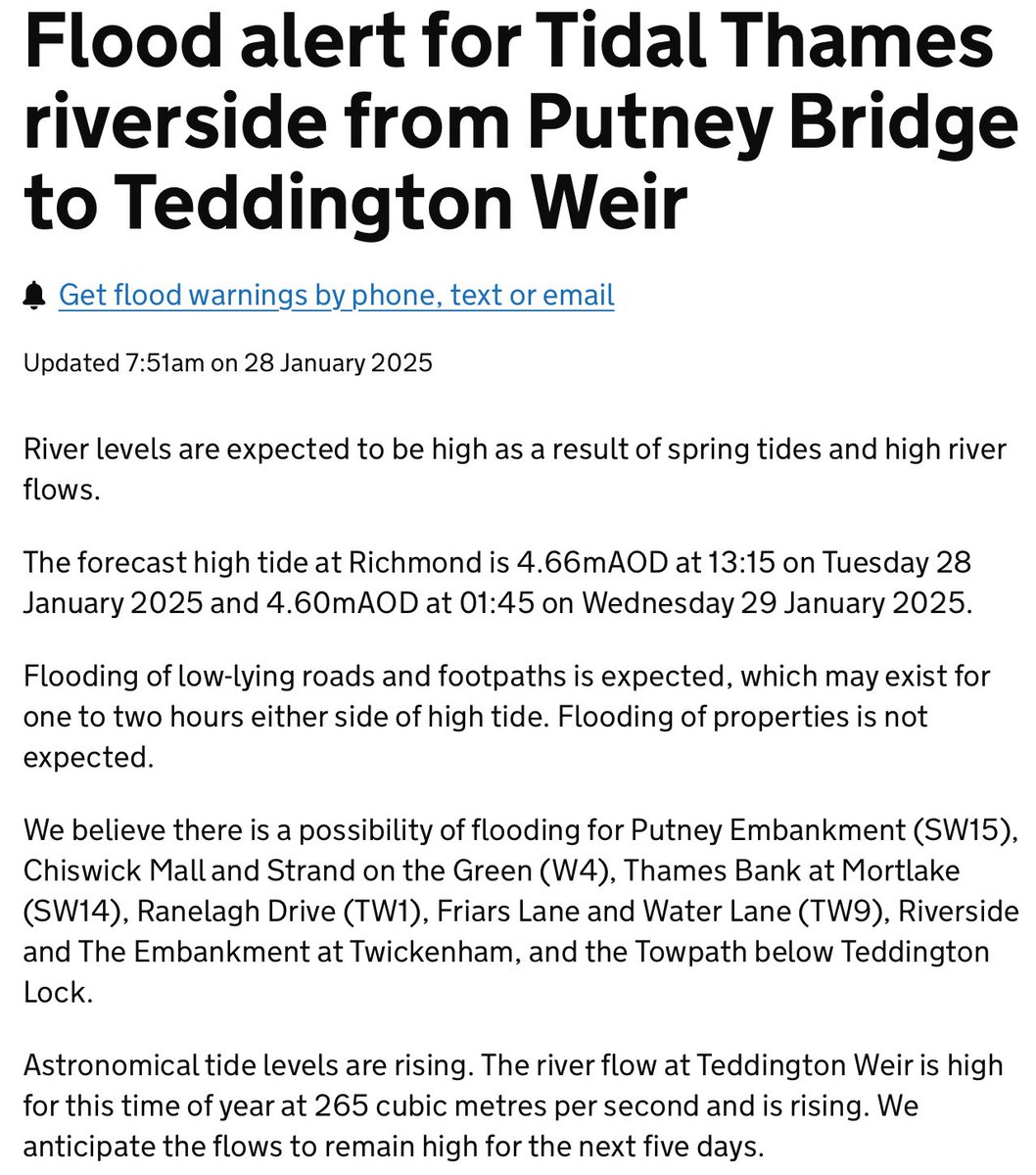 ⚠️ Spring tides this week, and combined with all the recent rain, we’re expecting high river levels on the tidal #Thames at high tide over the next seven days or so.

Flood Alert to be updated daily.

I’m back on Thursday so see for myself.