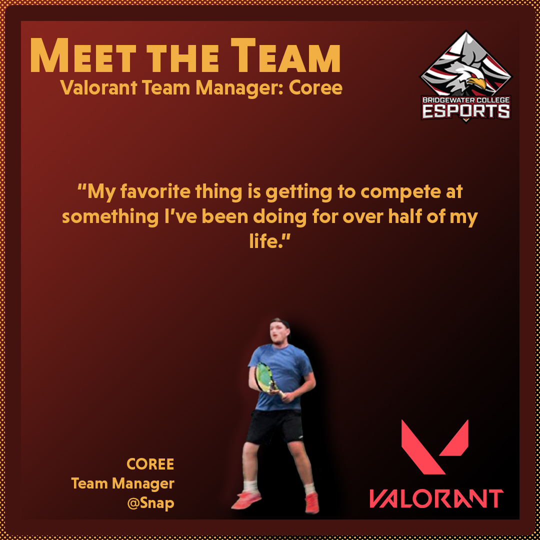 It's Team Tuesday!
Coree, "Snap", is a Valorant manager and one of our players. He is a Health and Exercise Science major in the class of 2026 here at Bridgewater College.
#teamtuesday #valorant #bridgewatercollege #esports #bceagles