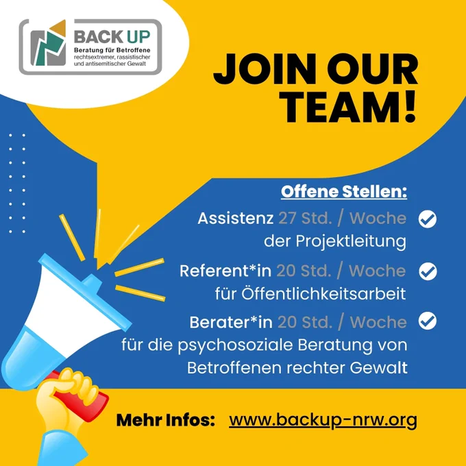 Ein blau-gelbes Sharepic mit kurzen Infos zu den Stellenausschreibungen.