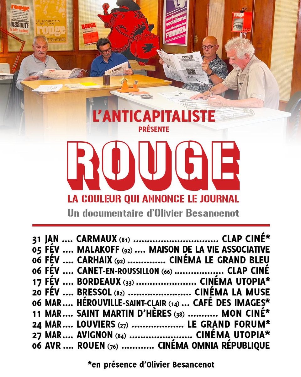 🔴 De nouvelles dates de projection annoncées pour notre film «Rouge, la couleur qui annonce le journal» ! Un documentaire de <a href="/olbesancenot/">Olivier Besancenot</a>  sur le journal quotidien de la LCR de 1976 à 1979 !  
👉 Dates et infos : lanticapitaliste.org/videos/un-docu…
