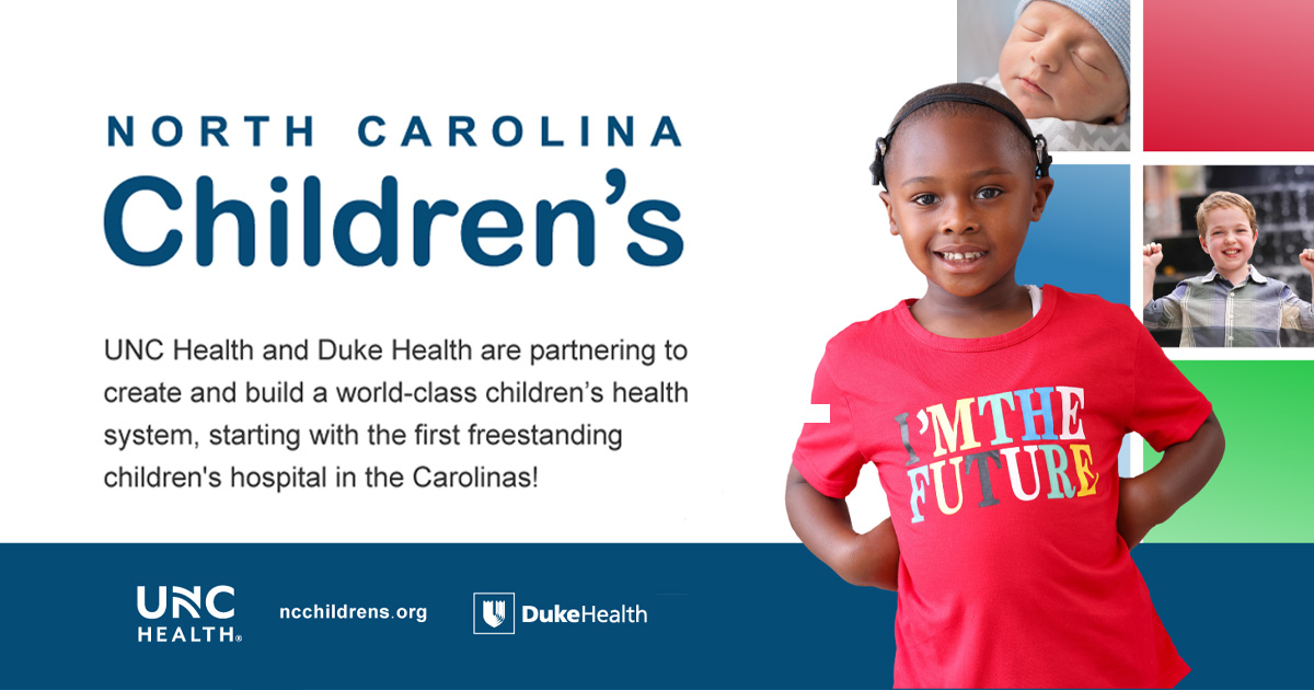 Duke Health (@dukehealth) on Twitter photo Big news for the Triangle! Duke Health and <a href="/UNC_Health_Care/">UNC Health</a> and Duke Health announce a new level of care - a state-of-the-art children's hospital. When it comes to caring for our community, we're stronger together. More: duke.is/2/jhf8
<a href="/Duke_Childrens/">Duke Children's</a> Big news for the Triangle! Duke Health and <a href="/UNC_Health_Care/">UNC Health</a> and Duke Health announce a new level of care - a state-of-the-art children's hospital. When it comes to caring for our community, we're stronger together. More: duke.is/2/jhf8
<a href="/Duke_Childrens/">Duke Children's</a>