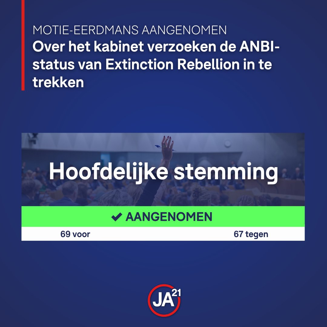 Motie aangenomen! ✅

Extinction Rebellion verliest hun belastingvoordelen. Dankzij de motie van <a href="/Eerdmans/">Joost Eerdmans</a> wordt de ANBI-status ingetrokken. De acties met blokkades en vandalisme hebben onze samenleving lang genoeg belast.