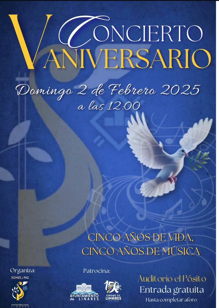 𝐂𝐎𝐍𝐂𝐈𝐄𝐑𝐓𝐎 𝐕 𝐀𝐍𝐈𝐕𝐄𝐑𝐒𝐀𝐑𝐈𝐎
El proximo día 2 de febrero la Banda de Música de Nuestra Señora de la Paz realizará un concierto con motivo de su 5° Aniversario de formación en el pósito 

Más información ⬇️