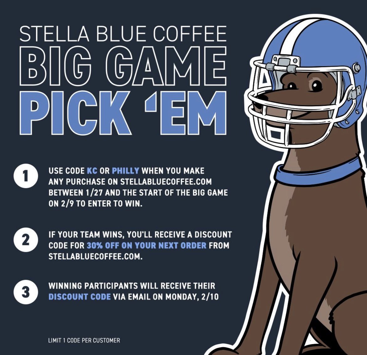 The Big Game is almost here! Join Stella Blue Coffee’s Pick ‘Em Challenge:

Shop at stellabluecoffee.com by Feb 9.
Use code KC or PHILLY at checkout.
Pick the winner &amp; get 30% off your next order! 🏈🐾