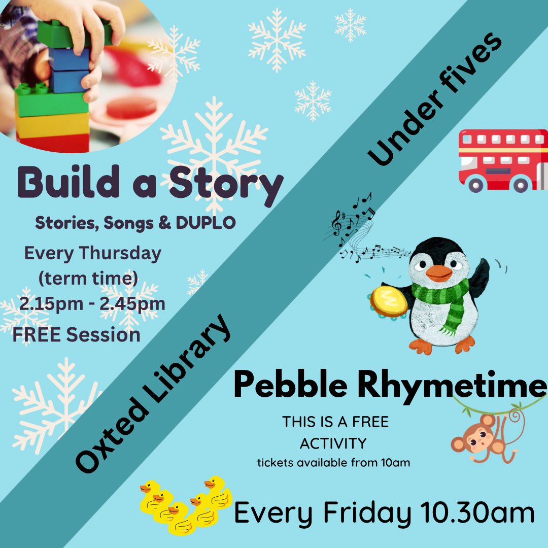OxtedLibrary's tweet photo. Fun for little ones this week at Oxted Library! 
👶 Build a Story – Stories, songs &amp; DUPLO
📅 Every Thursday (term time) |⏰2:15-2:45pm
🐧 Pebble Rhymetime – Singing &amp; rhymes
📅 Every Friday |⏰10:30am (tickets from 10am)
Both are FREE! Come &amp; join the fun!  #OxtedLibrary https://t.co/mm0NYTkgEx