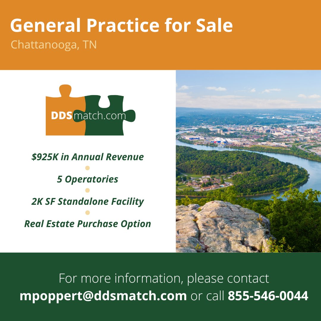 ddsmatchsouth's tweet image. Highly regarded and established General Practice available for sale in Chattanooga, TN.

📩 Contact Matt Poppert today to learn more about this incredible opportunity.

📞855-546-0044
🌐mpoppert@ddsmatch.com 

#DDSmatch  #dentalpractice #trustedtransition #ddsmatchsouth