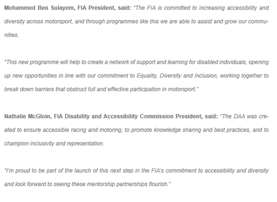 La #FIA lanza un programa de mentoría para personas con discapacidad en el mundo del automovilismo. 50 plazas disponibles. ¡Aplicaciones abiertas el 6 de febrero! 👉forms.office.com/e/nHyLFCHXFV
👏👏👏👏
#Diversidad #Inclusion