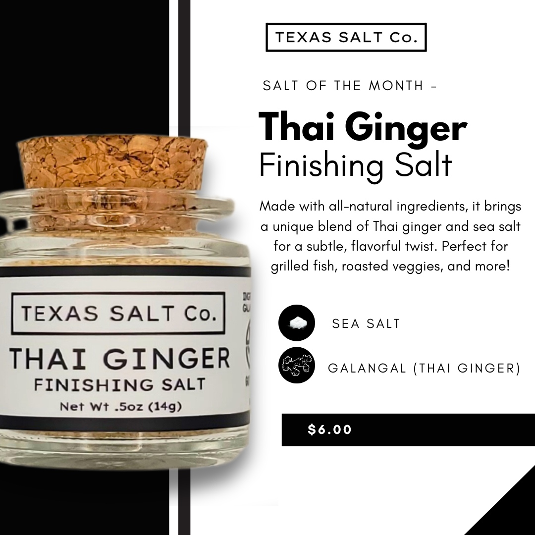 🌶️🤠 Saddle up for flavor, partner! Our Salt of the Month is the Thai Ginger Finishing Salt. Add a kick to your grilled fish and roasted veggies with this all-natural blend. Make every meal a hoedown! 🌟🌱 #TasteOfTheWildWest #GourmetCowboy #SaltOfTheMonth #TexasSaltCo.