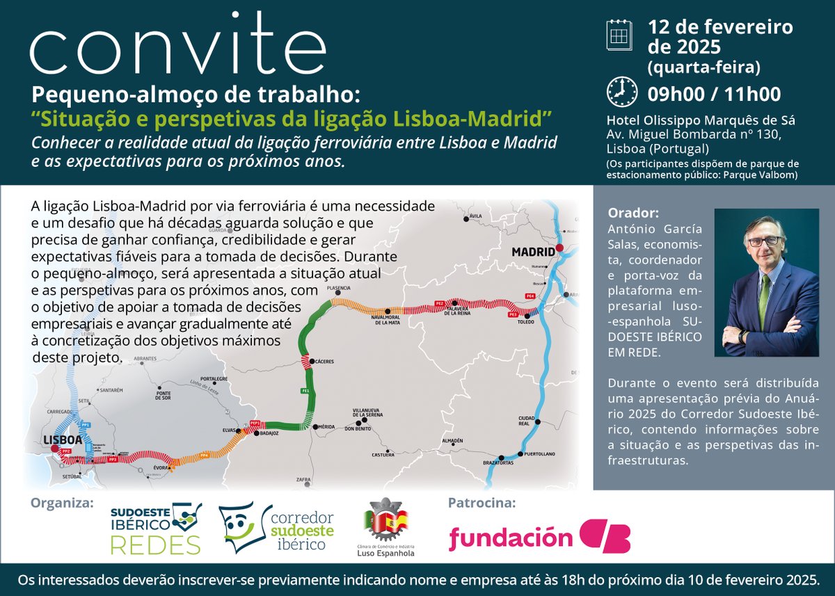 ☕Pequeno-almoço de trabalho "𝗦𝗶𝘁𝘂𝗮𝗰̧𝗮̃𝗼 𝗲 𝗽𝗲𝗿𝘀𝗽𝗲𝘁𝗶𝘃𝗮𝘀 𝗱𝗮 𝗹𝗶𝗴𝗮𝗰̧𝗮̃𝗼 𝗟𝗶𝘀𝗯𝗼𝗮-𝗠𝗮𝗱𝗿𝗶𝗱" em parceria com o <a href="/corredorSOI/">Corredor Sudoeste Ibérico</a>  🚆
𝙄𝙣𝙨𝙘𝙧𝙞𝙘̧𝙤̃𝙚𝙨 ➡️bit.ly/4aDk9Vn