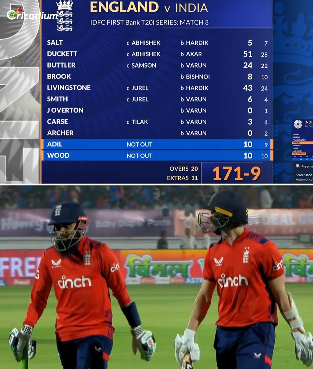 Cricadium's tweet photo. India need 172 to seal the T20I series against England! 💪🏽
#Cricket #FiveWickets #VarunChakravarthy #Teamindia #INDvsENG https://t.co/uaSDR6tBZf