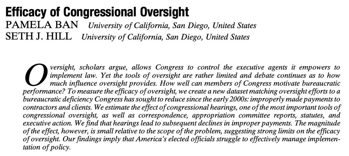 Just published on APSR First View: "Efficacy of Congressional Oversight" by Pamela Ban (<a href="/pamelamban/">Pamela Ban</a>) and Seth Hill (<a href="/seth_j_hill/">Seth Hill</a>). cambridge.org/core/journals/…