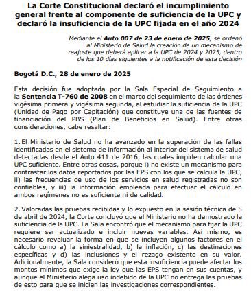 Importante noticia para el país. La Corte Constitucional derogó el ajuste de la UPC para 2025, anunciado por el Ministerio de Salud, fijado en 5,3%. Aseguran que el valor debe ser ajustado tanto para la vigencia 2024 como para 2025, en un plazo no mayor a 10 días. 

La Corte