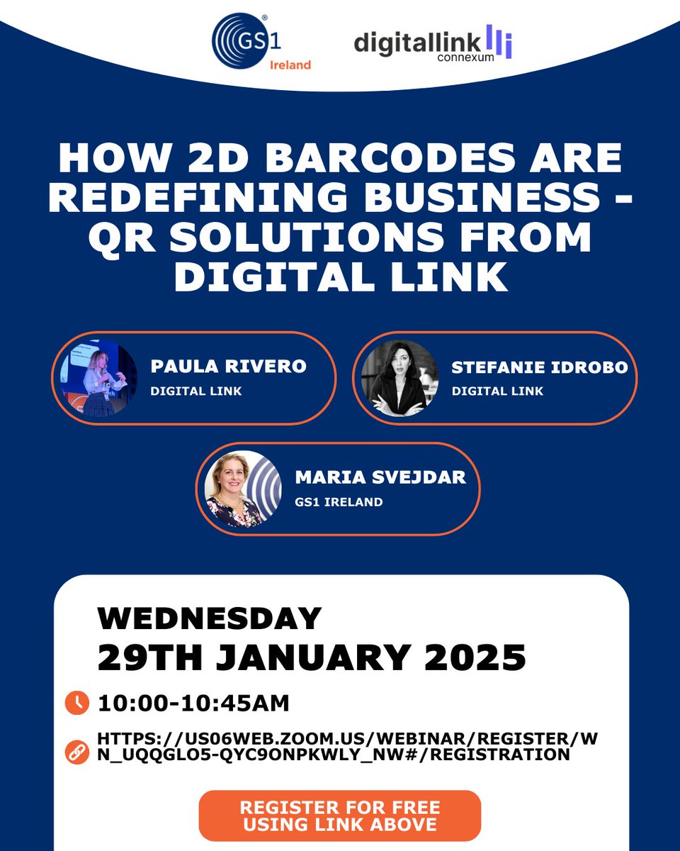 GS1Ireland's tweet photo. Tomorrow morning at 10am, Maria Svejdar, Head of Retail of GS1 Ireland will be joined by Paula Rivero, CEO &amp; Stefanie Idrobo, Business Development Manager of Digital Link to discuss “How 2D Barcodes Are Redefining Business”!

Continued ⤵️

#qrcode #barcode #2dbarcode #gs1ireland https://t.co/nVJA6LGOLm
