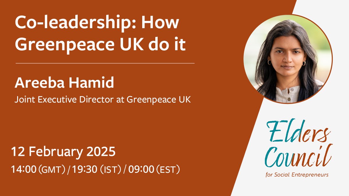 Leading can be lonely, but how does co-leadership work? <a href="/GreenpeaceUK/">Greenpeace UK</a> Joint Exec Director Areeba Hamid will give her insights. We'll ask, 'what could this mean for #leadership and for #SocialEntrepreneurs looking for a #successor?' 

Join us: us06web.zoom.us/meeting/regist… #SocialImpact