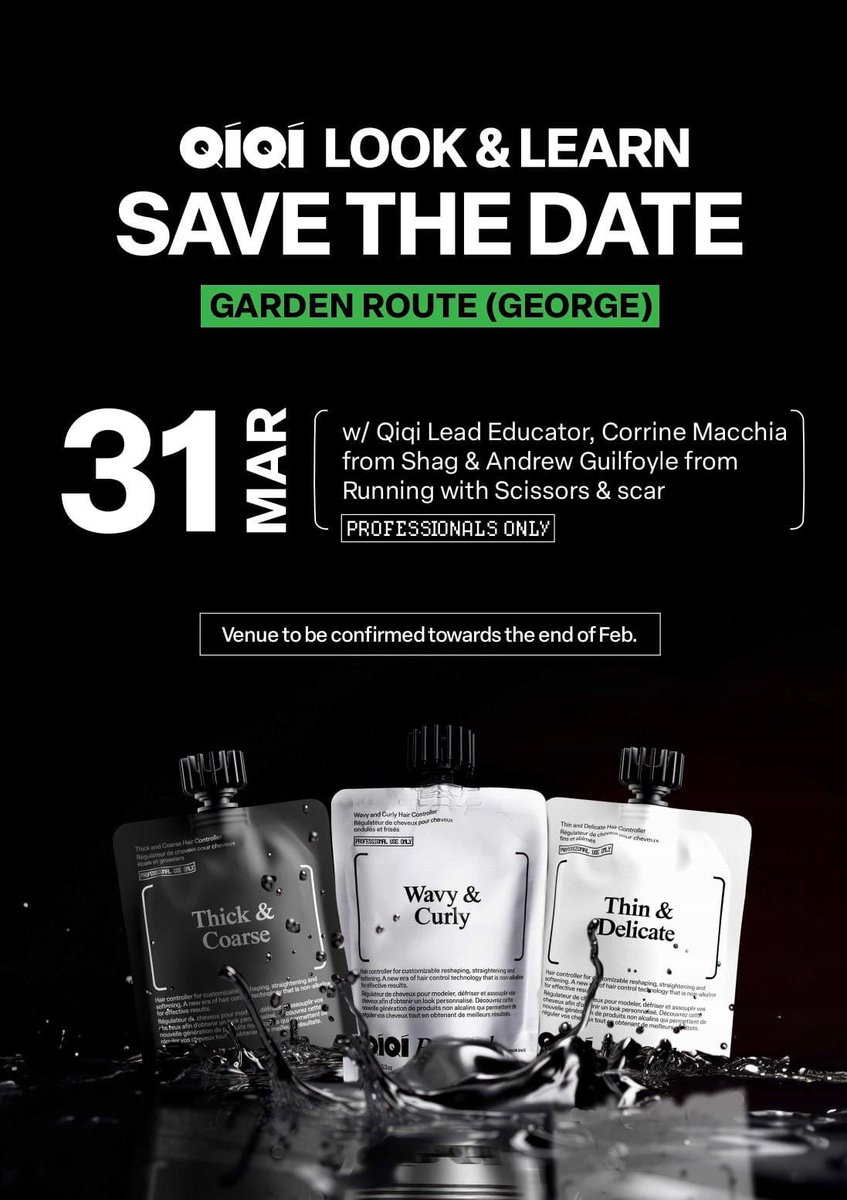 Q I Q I  T O U R ! Durban, Johannesburg &amp;  Cape Town already sold out - but good news: we have added George for those on the Garden Route!  
Qiqi Hair Controller 
The Art &amp; Science of Hair. 
scarPro - when you know, you know 

Email to get put onto the list for the next visits!