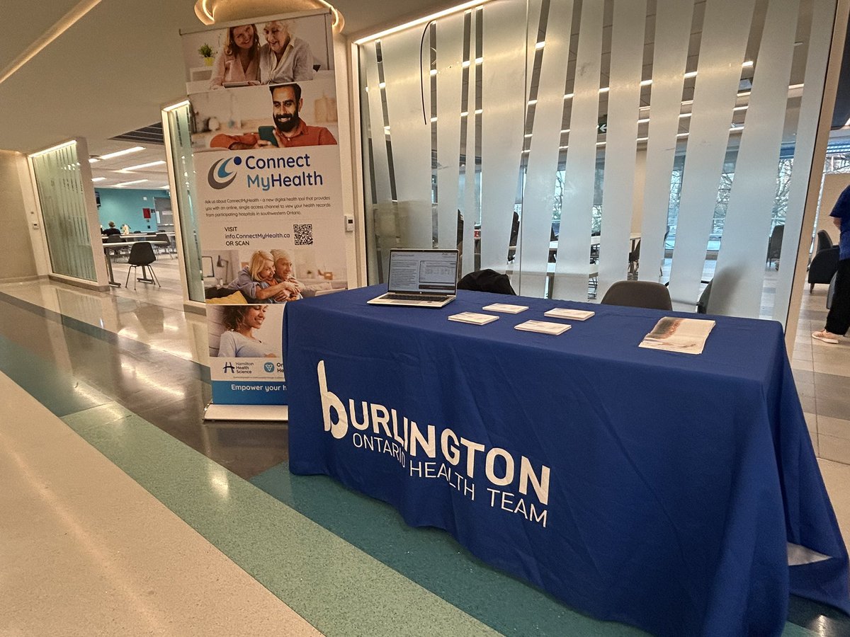 Join us for a <a href="/CMHempowers/">ConnectMyHealth</a> registration booth today!
We’re <a href="/Jo_Brant/">Joseph Brant Hospital and Foundation</a> at the South Tower entrance until 4 p.m. helping patients access their health records.
info.connectmyhealth.ca
#connectmyhealth #jbh #boht #ohts #ontariohealthteam