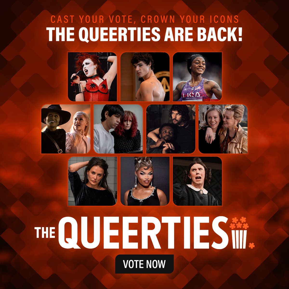Queerty's tweet photo. It’s our fav time of year: the #QUEERTIES are here! Join us in celebration as we honor the year’s best in LGBTQ+ media and culture. Cast your vote once a day until Tuesday, February 25, 2025 so make your voice heard, and crown your icons. VOTE NOW: https://t.co/x3m4gRjLyI https://t.co/0VZ6J5ZsWB
