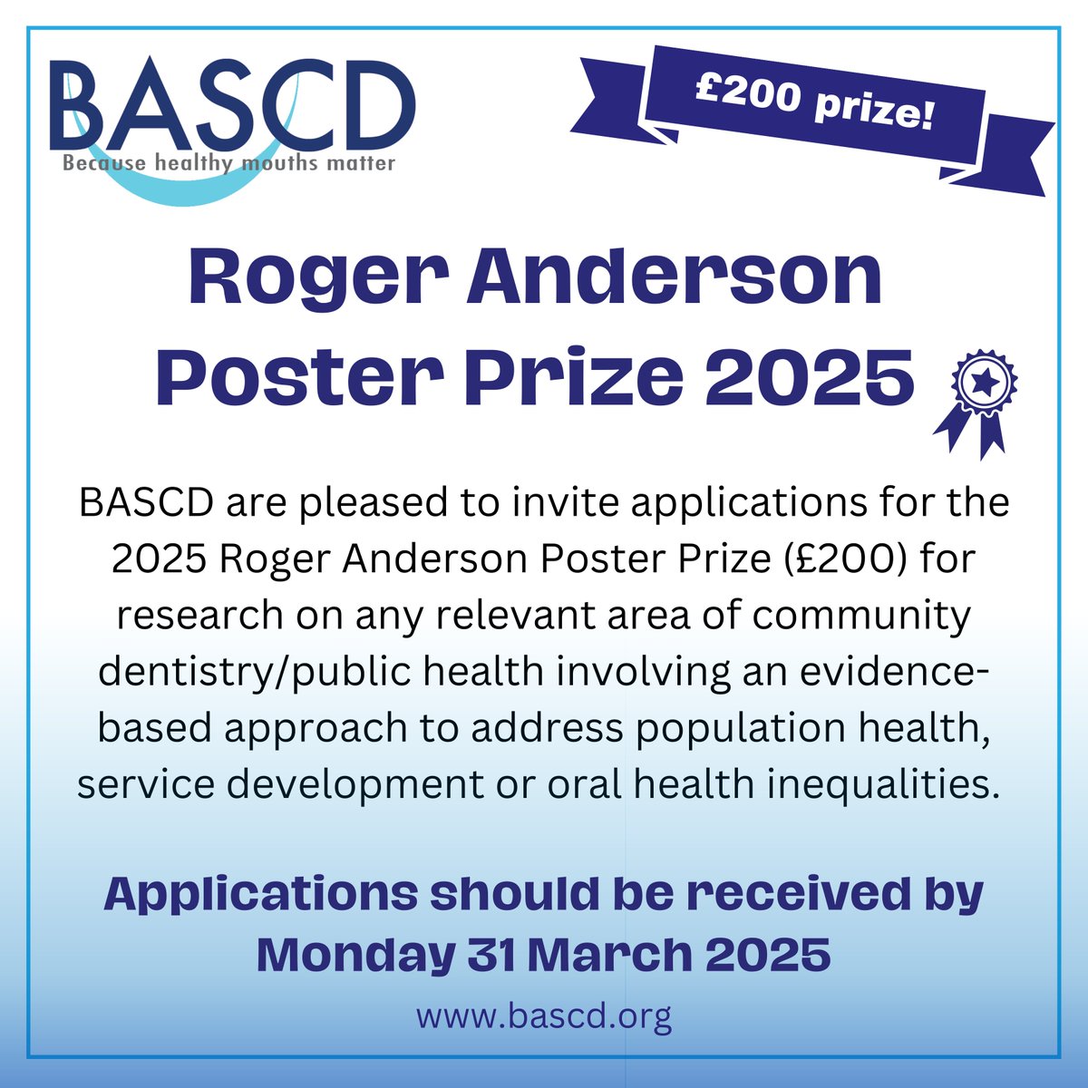 Showcase your research in community dentistry  🦷 The Roger Anderson Poster Prize honors evidence-based work tackling oral health inequalities &amp; service innovation.  Submit by 31 March for a chance to win £200 &amp; a certificate! 
postly.click/EMvD!